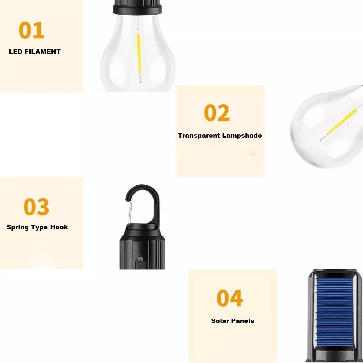 Solar Rechargeable Camping Light Bulb - USB-C, 3 Modes Warm White, Hanging Tent Lamp for Hiking & Emergencies