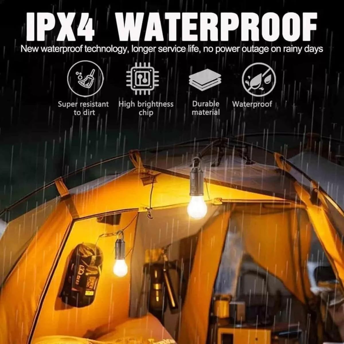 Solar Rechargeable Camping Light Bulb - USB-C, 3 Modes Warm White, Hanging Tent Lamp for Hiking & Emergencies