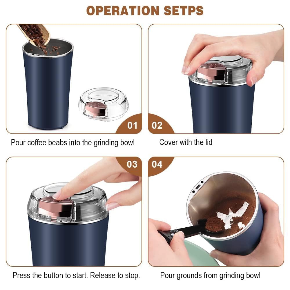 Electric Spice & Coffee Grinder, 200W Stainless Steel Mixer Grinder for Masala & Herbs Grinding Machine for Dry Item, Push Button Control (1, Blue, 200 ml)