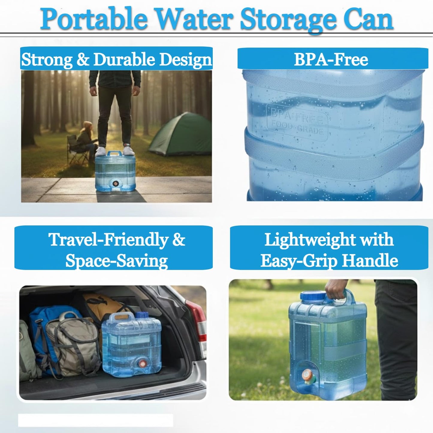 15L Portable Camping Water Can with Tap - Leakproof Dispenser Barrel for Hiking, Picnics & Travel