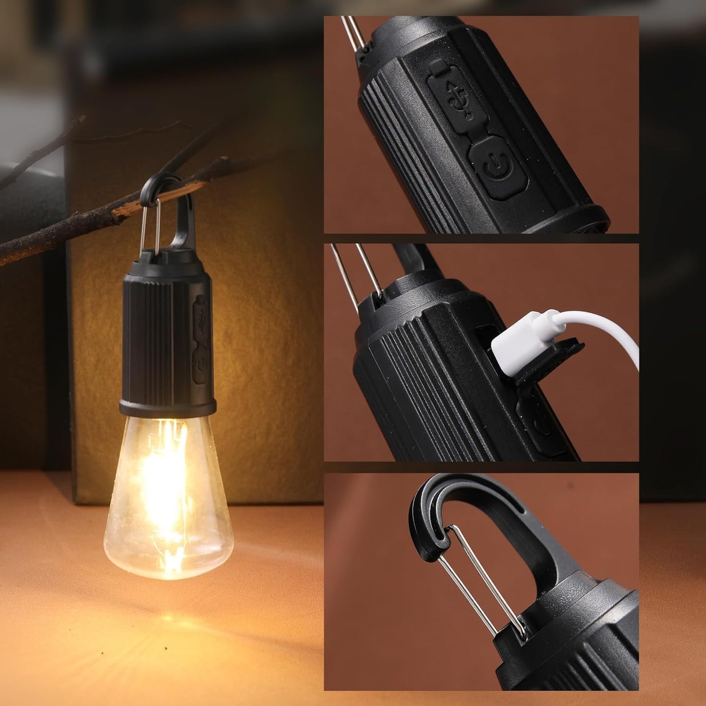 Solar Rechargeable Camping Light Bulb - USB-C, 3 Modes Warm White, Hanging Tent Lamp for Hiking & Emergencies