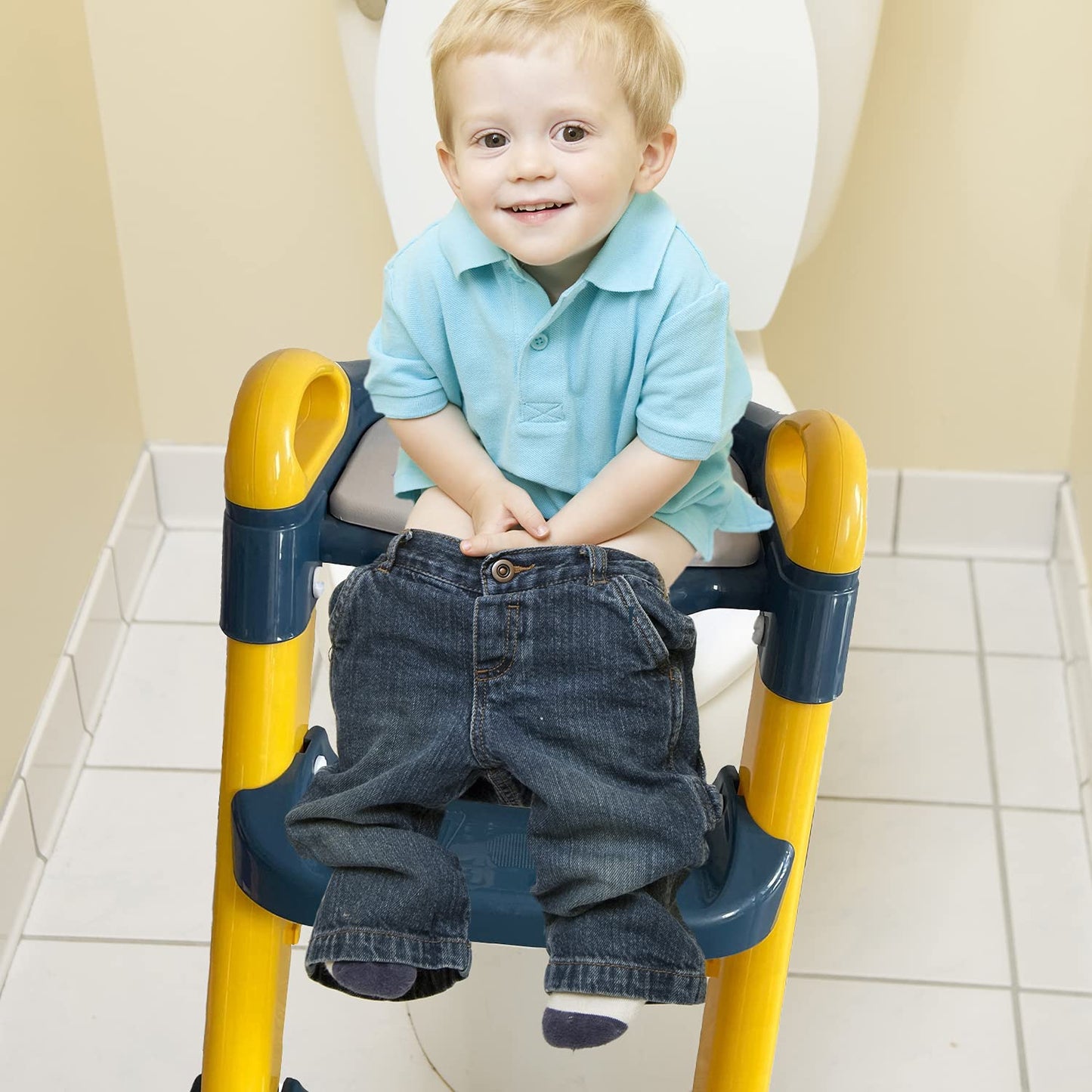 Foldable Commode Seat for Kids - Toddler Toilet Seat Adapter, Fits Standard Toilets, Boys & Girls 1+ Years (Yellow/Blue)