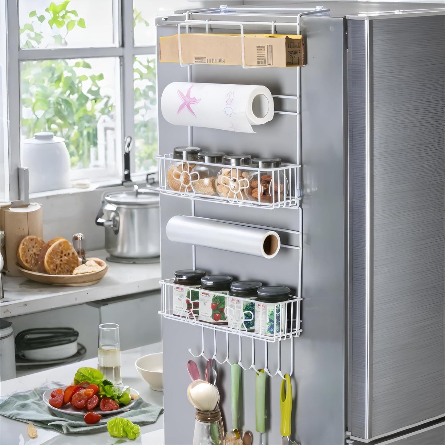 Decorlay Metal Self-Adhesive Fridge Side Rack - Multi-Layer Floating Shelf, Tissue Holder & Kitchen Organizer