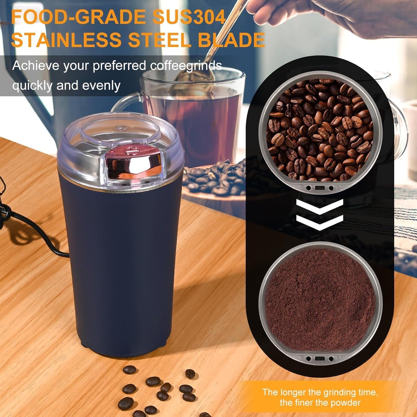 Electric Spice & Coffee Grinder, 200W Stainless Steel Mixer Grinder for Masala & Herbs Grinding Machine for Dry Item, Push Button Control (1, Blue, 200 ml)